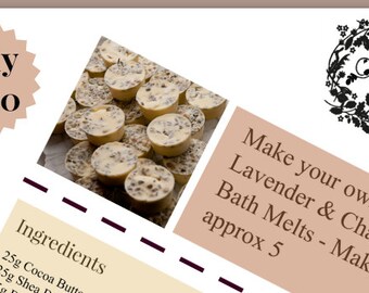 Instant Digital Download PDF recipe for make your own Lavender & Chamomile, cocoa butter Bath melts for dry skin. Handmade Beauty