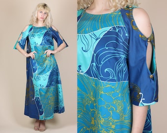 60s Boho Hawaiian Print Dress - Large // Vintage Lord & Taylor Floral Maxi Caftan