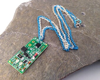 Blue Upcycled Circuit Board Necklace Recycled Reclaimed Light Blue and Silver Tone Double Chain 18"