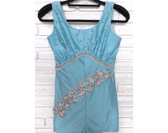 Vintage Women's Dancer Majorette Band Costume Blue Sequins Beaded Design one piece Bodysuit 1950's
