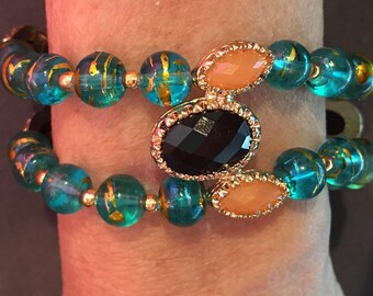 Dramatic Double Row Bracelet of Teal, Gold and Peach