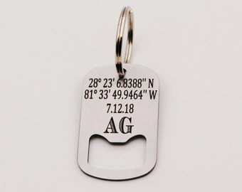 Custom GPS Coordinates, Date, Initials, Personalized Latitude Longitude Bottle Opener Keychain, Stainless Steel, Laser Engraved Key Chain
