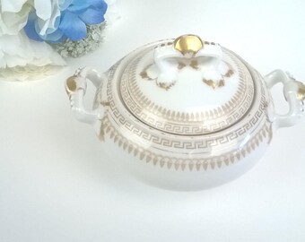 Antique, Haviland and Co., Limoges, France, Wedding Table, Vintage SUGAR BOWL Gold-on-White, T.&V.