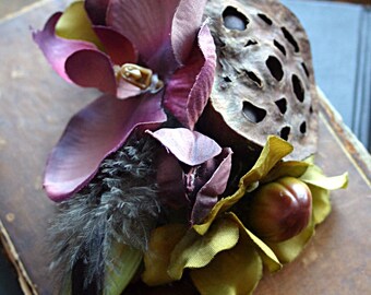 Woodland Orchid Hair Clip Fascinator - ATS, Tribal Belly Dance, Hair Garden, Lotus Seed Pod, Orchid, Mauve, Olive Green, Fairy