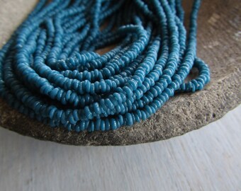Mini tiny blue rondelle lampwork Glass beads, delicate, opaque teal mild gloss, Indonesian ethnic 1 to 1.5 x 3mm (22 inches strand) 7bb13-10