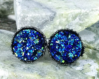 Rocky Blue Druzy Earrings - Druzy - Drusy Earrings - Bridesmaid Gift - Stud Earrings - Druzy Jewelry - Blue - Earrings - Druzy Earrings -