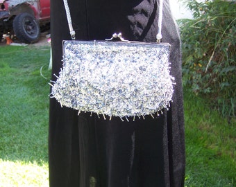 Vintage Beaded Purse, Beaded Bag, Silver Beaded Purse, Vintage Silver Bag, Evening Bag, Vintage Evening Bag, Sequin-covered Evening Bag