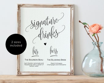 Signature Drinks Sign, Printable Signature Drinks Sign, Drinks Menu Sign, Wedding Sign, Instant Download, DIY Editable PDF, WLP897