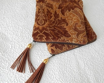 Upholstery pouch, tan brown chenille purse, tapestry purse, zipper pouch, lined clutch, fashion accessory, womens accessory