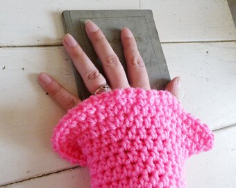 Crochet fingerless gloves, crochet wrist warmers, hot pink, hand knit, ready to ship, winter wear, women's gift idea, accessory