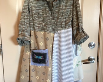 Upcycled Dress - tunic - feminine camo - eco friendly - artsy - boho clothing - wearable art -fun and funky - recycled - repurposed