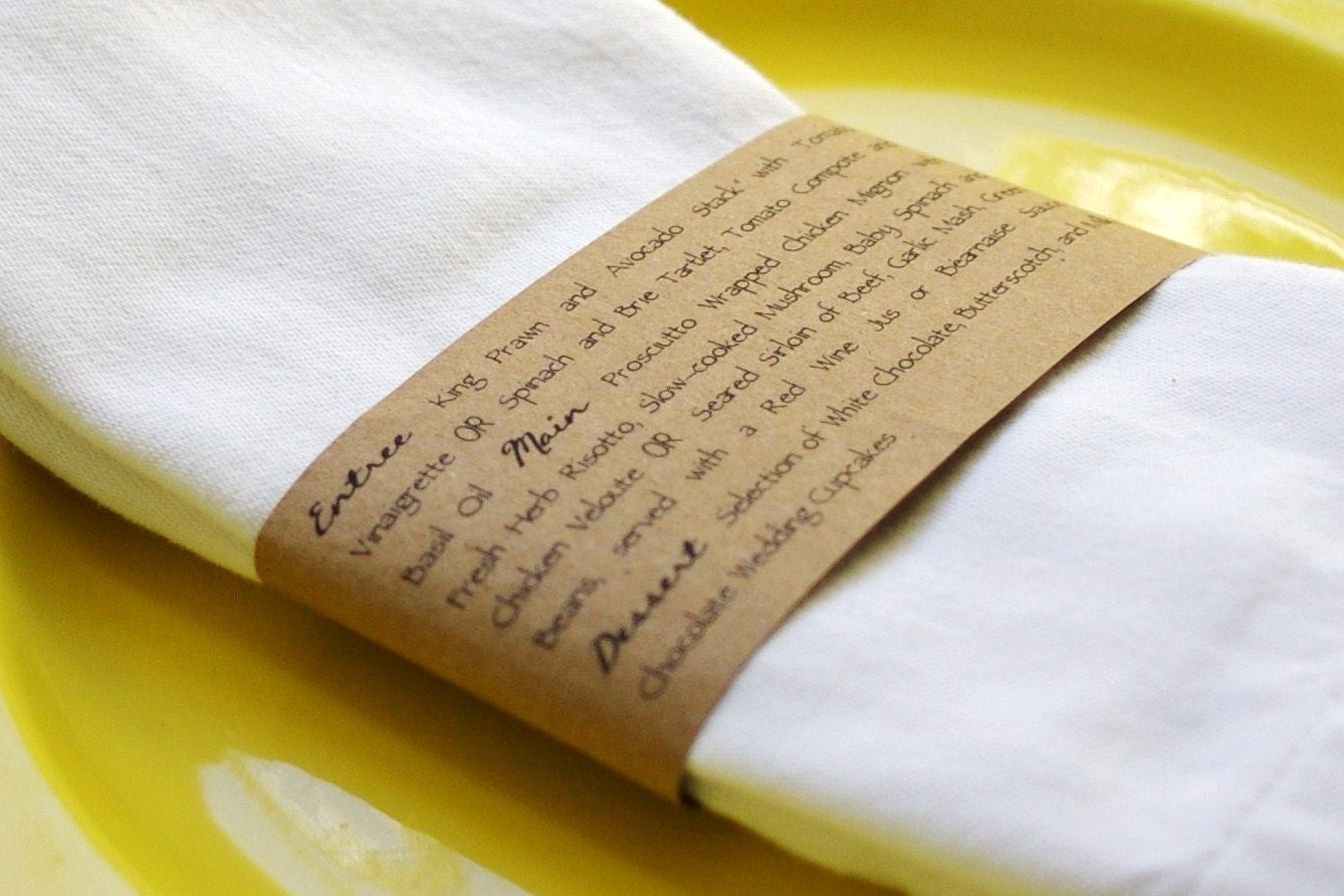 Kraft Napkin Ring Menus Handmade Custom Wedding Menu. Napkin