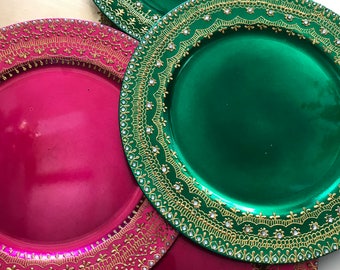 Henna Charger plate, decorative plate, Indian wedding decor, party favors, mehndi party, table decor, boho decor, mehndi haal, pooja thaal,