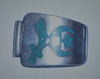 Vintage Sterling Shrine Buckle with Inlaid Design. Possibly Turquois?