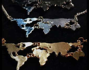 World Continents Necklace Gold, Silver, Dark Grey. Travel Wanderlust Trip Vacation World Wide