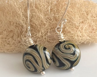 Black Glass Earrings Lampwork Glass Glass Discs Sterling Silver Earrings