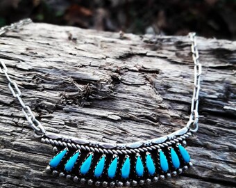 Vintage Sterling Silver Southwestern Needlepoint Turquoise Necklace