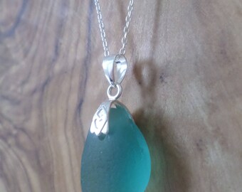Rustic Blue Sea Glass Necklace Pendant, Seaglass, Seaglass Necklace, Beach Glass, Sterling Silver, Beach Jewelry, Sea Glass Pendant, Seaham