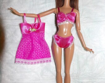 Bright pink 3-piece Satin & lace lingerie set for Fashion Dolls - ed1009