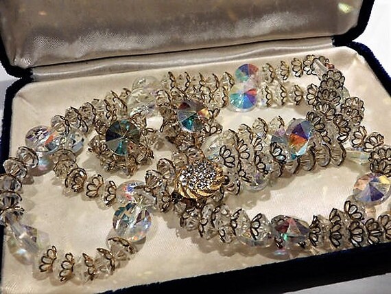 Swarovski Necklace Earrings / Rhinestone / Double Strand / Clip On/ Demi Parure / Wedding/ Bride / Bridal / Fashion / Mid Century