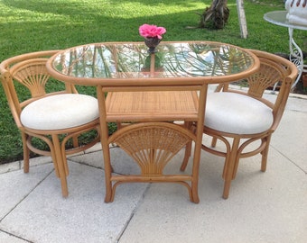 VINTAGE RATTAN DINETTE Set / Oval Table with 2 Chairs/Compact Dining table Set /Small Rattan Bamboo Dining Table and chairs Retro Daisy Girl