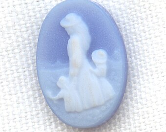 1 Vintage Genuine Blue Agate Mother Walking with Children 14x10mm. Flat Back Cameo Stones R490