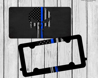 Blue Line License Plate ~ License Plate Frame Set ~ Thin Blue Line ~ Patriotic License Plate ~ Flag Car Tag ~ Skull Car Tag ~ Skull Frame
