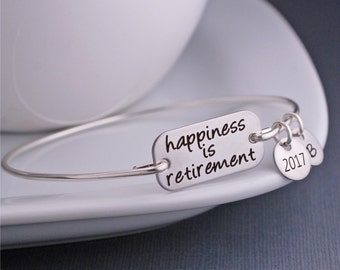 Teacher Retirement Gift, Silver or Gold Happiness is Retirement Bangle Bracelet, Education Retirement Jewelry