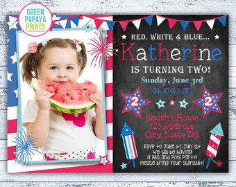 4th of July Birthday Invitation - Fourth of July - Fireworks - Patriotic - Red White and Blue - 1st, 2nd Birthday - Printable Digital File