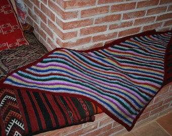 Crocheted vintage french shawl, burgundy, red, blue, green