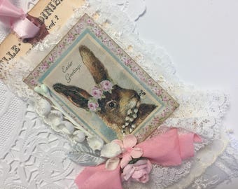 Easter Bunny Tag Bunny Art Tag Rose Lace Tag, Mixed Media Art Tag, French Gift Tag