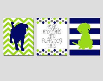 Modern Nursery Trio - Set of Three 11x14 Prints - Chevron Stripe Puppy Dogs, Polka Dot Quote - Frogs Snails Puppy Dog Tails