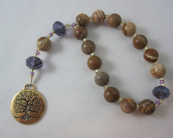 Picture Jasper and Purple Chinese Crystal Prayer Chaplet with Tree of Life