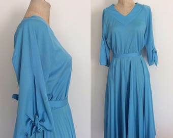 1970's Sky Blue Polyester Dress w/ Sleeve Ties & Accordion Pleat Skirt Size Small Medium by Maeberry Vintage