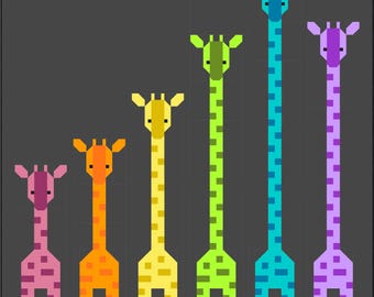 Giraffes in a Row Quilt Pattern, PDF Instant Download modern patchwork baby lap size african animal giraffe orange green blue purple rainbow