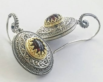 Vintage byzantine style earrings in solid sterling silver 925 with garnets