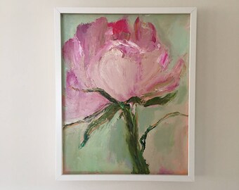 Pink Peony Painting-FRAMED in WHITE Peony Rose Flower Painting- 16 x 20 Pink and Green- Large Flower Painting- Stretched Canvas