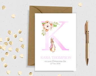 Christening pink/blue PERSONALISED card Personalised christening card personalised baptism Card Peter rabbit christening naming day card