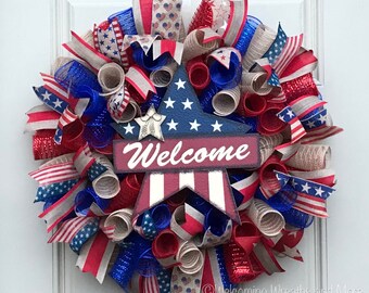Fourth of July Wreath, Americana Wreath, Patriotic Mesh Wreath, Welcome Wreath, July 4th Wreath, Summer Wreath, Patriotic Burlap Wreath