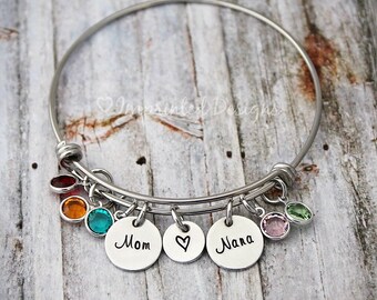 Mothers Bracelet / Grandmother Bracelet / Personalized Bangle / Mom / Mimi / Nana / Gigi / Grammy / Grandma / Custom Name / Birthstone