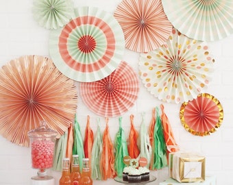 Coral and Mint Paper Fans -Paper Pinwheels -Paper Medallions -Pinwheel Backdrop -Paper Rosettes -Mint Wedding -Coral Wedding -Gold - PLTR01