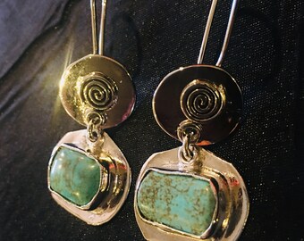 Oblong Shaped Turquoise Swirl Design Gold Plated Dangle Earrings