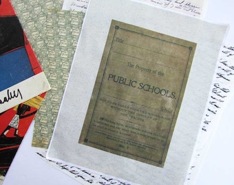 Cotton Fabric Panel with Vintage Time Worn Public Schools Book Cover in Khaki & Black for Quilting, Sewing, Scrapping Projects, Fabrics