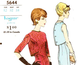 Vogue 5644 Vintage 1960s Young Fashionalbles Sheath Dress with Fauxlero and Sleeve Options Size 12