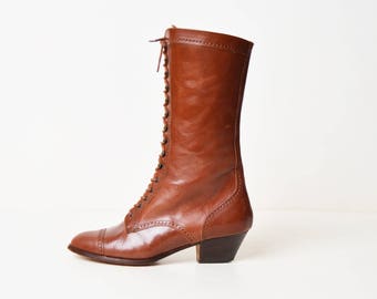 Vintage 90s Brown Leather Lace Up Boots / 1990s Perforated Witch Granny Boots Captoe 6