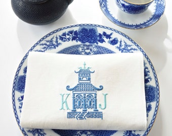 Pagoda Monogram I Embroidered Towel and Napkins, wedding or hostess gift, kitchen and bath linens, bridal shower gift, kitchen towels