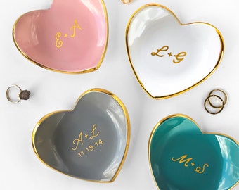 Gold Monogrammed Jewelry Dish, Heart Ceramic Ring Dish - Valentine's Day, Ring Holder, Anniversary, Engagement Gift, Modern Mud