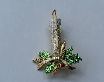 Brooch Gerry's Christmas Candle with Dripping Wax and Holly Vintage