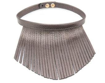 Fringe Necklace, Metallic Rose Leather Choker, Boho Necklace