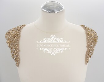 Gold dress applique, shoulder epaulettes, Bridal applique, vintage epaulettes, Champagne Beaded, bridal applique, epaulettes, MARY- SH